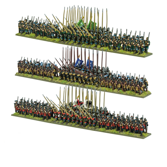 Thirty Years War Infantry Battalia Pike & Shotte Epic Battles Warlord Games – 3 bataliony widok z boku na trawie 15mm
