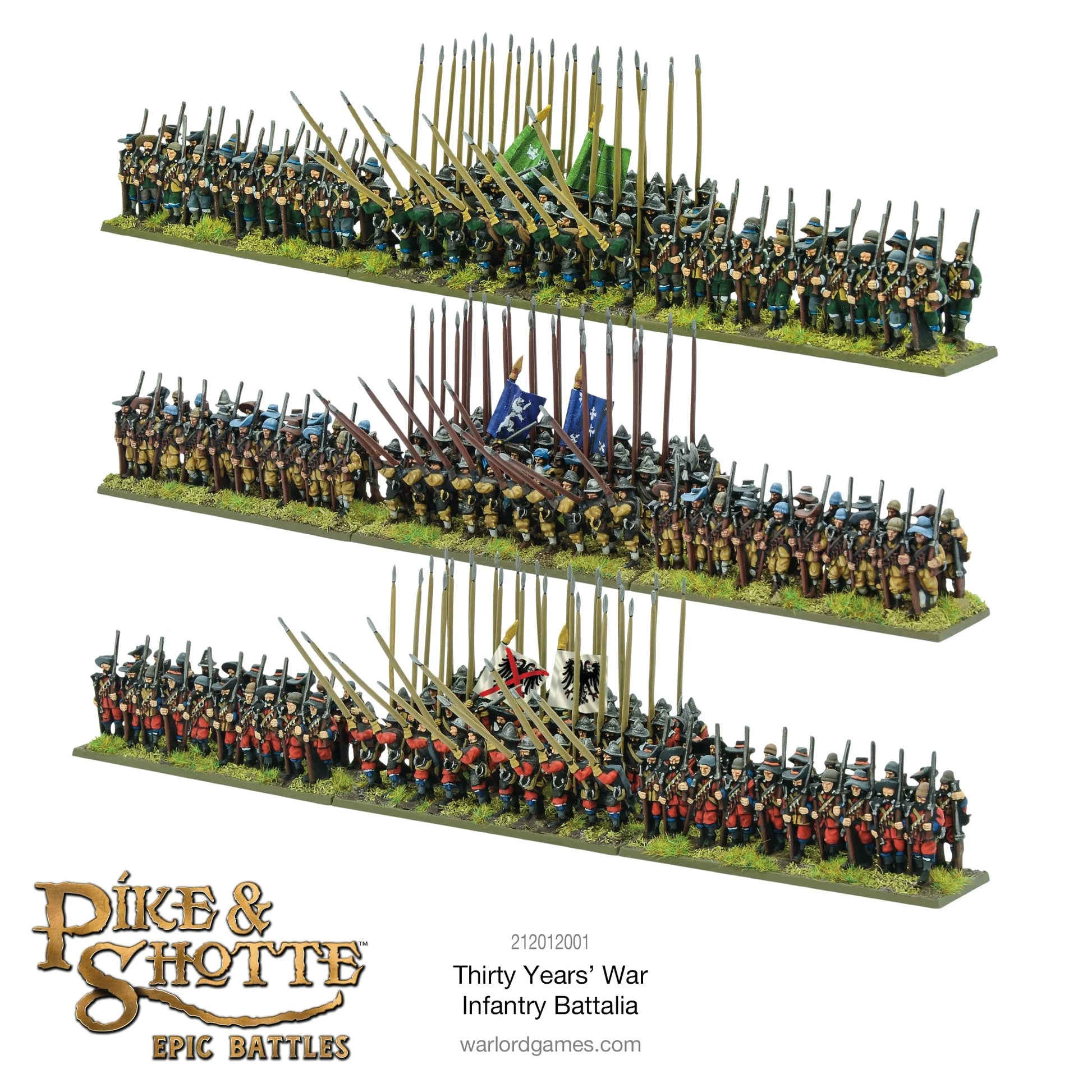 Thirty Years War Infantry Battalia Pike & Shotte Epic Battles Warlord Games – 3 bataliony widok z boku 15mm
