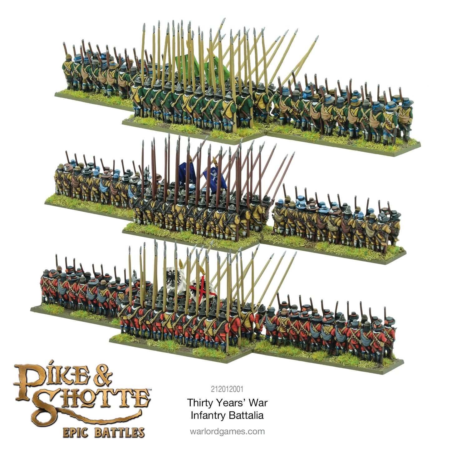 Thirty Years War Infantry Battalia Pike & Shotte Epic Battles Warlord Games – 3 bataliony widok z przodu 15mm
