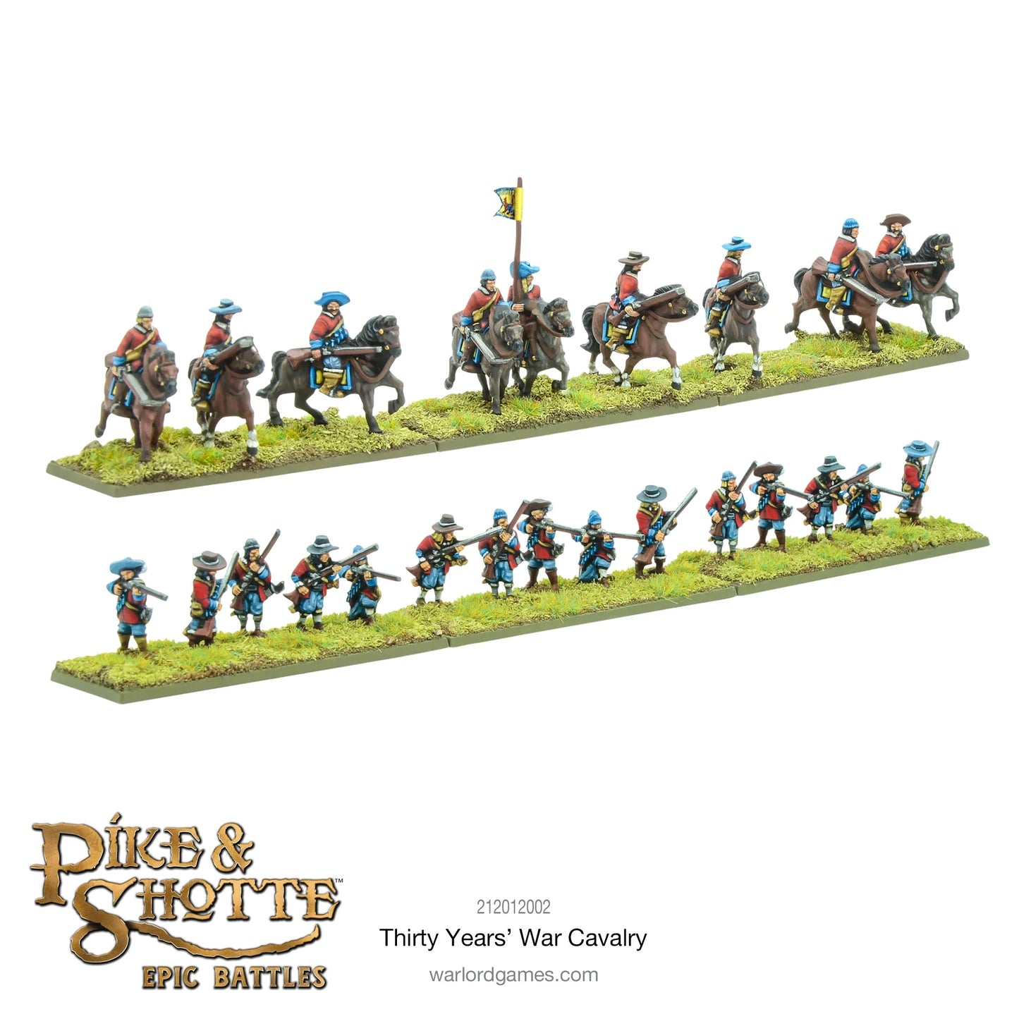 Pike & Shotte Epic Battles Thirty Years' War Cavalry - oddział jeźdźców w czerwono-niebieskich mundurach z chorągwią i oddział muszkieterów wsparcia z muszkietami - pomalowane figurki na zielonych podstawkach - Warlord Games 212012002 - warlordgames.com
