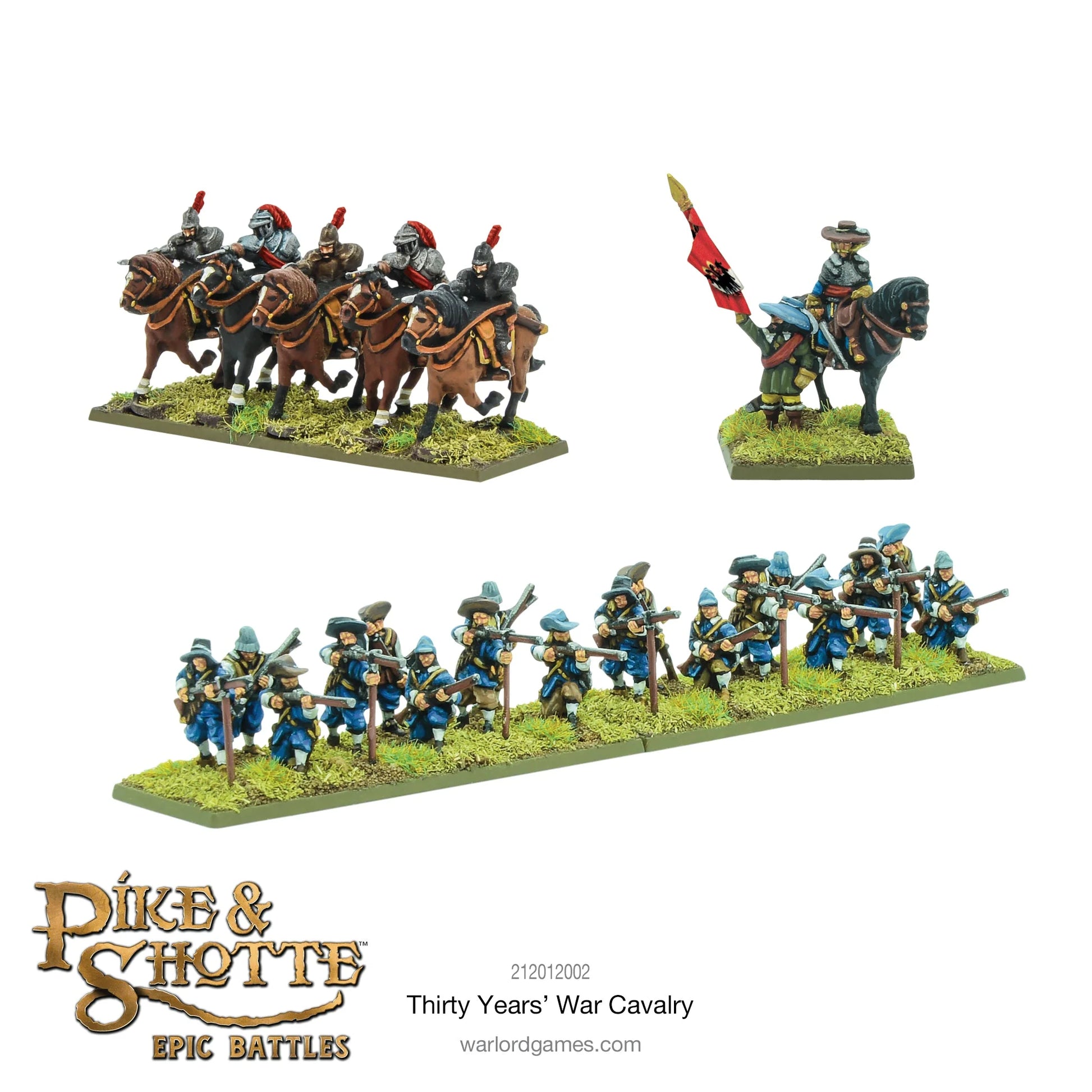 Pike & Shotte Epic Battles Thirty Years' War Cavalry - kirasjerzy w czarnej zbroi płytowej, jeździec-dowódca z chorągwią i oddział muszkieterów wsparcia z muszkietami przy palach - pomalowane figurki na zielonych podstawkach - Warlord Games 212012002 - warlordgames.com

