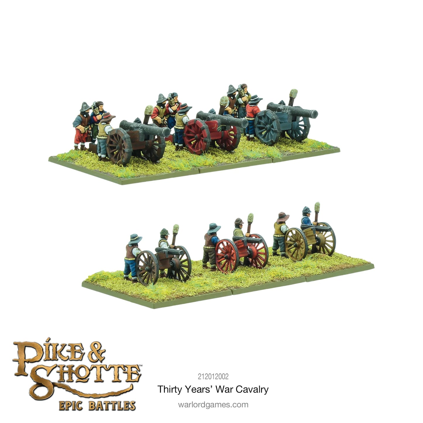 Pike & Shotte Epic Battles Thirty Years' War Cavalry - dwa oddziały artylerii: armaty Saker z obsługą w czerwono-szarych mundurach na górnej podstawce i trzy armaty Falconet z obsługą w niebieskich mundurach na dolnej podstawce - Warlord Games 212012002 - warlordgames.com
