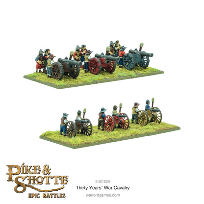 Pike & Shotte Epic Battles Thirty Years' War Cavalry - dwa oddziały artylerii: armaty Saker z obsługą w czerwono-szarych mundurach na górnej podstawce i trzy armaty Falconet z obsługą w niebieskich mundurach na dolnej podstawce - Warlord Games 212012002 - warlordgames.com
