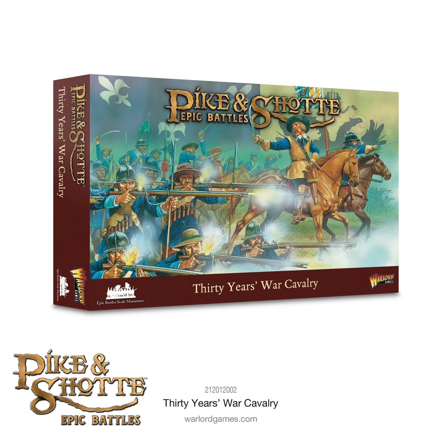 Pike & Shotte Epic Battles Thirty Years' War Cavalry - pudełko zestawu z ilustracją przedstawiającą muszkieterów strzelających z muszkietów i jeźdźca na koniu w dymie bitewnym - bordowe pudełko z logo Pike & Shotte Epic Battles - Warlord Games 212012002 - warlordgames.com
