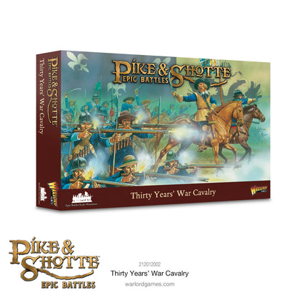 Pike & Shotte Epic Battles Thirty Years' War Cavalry - pudełko zestawu z ilustracją przedstawiającą muszkieterów strzelających z muszkietów i jeźdźca na koniu w dymie bitewnym - bordowe pudełko z logo Pike & Shotte Epic Battles - Warlord Games 212012002 - warlordgames.com
