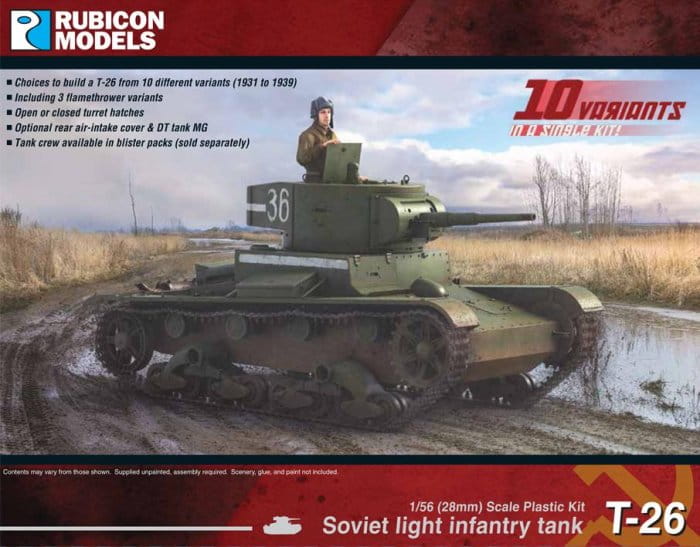 Rubicon Models 280070 T-26 Soviet Light Infantry Tank – pudełko 1/56 28mm widok z przodu: radziecki lekki czołg T-26 w oliwkowej zieleni z numerem 36 na wieży jednowieżowej, armata 45mm, figurka dowódcy w otworze wieży, jedzie błotnistą drogą, logo Rubicon Models, napis 10 Variants in a Single Kit