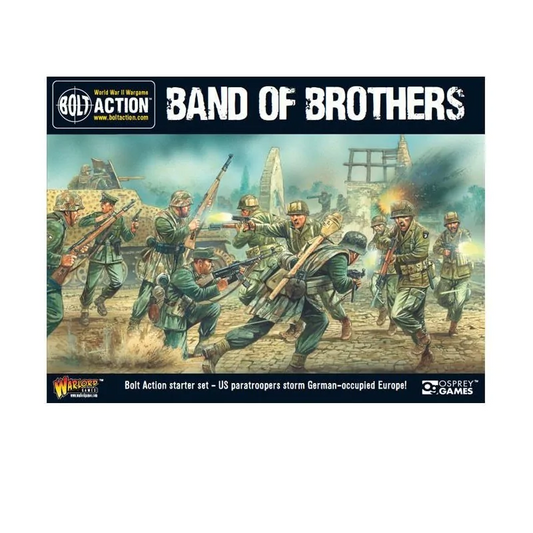 Bolt Action Band of Brothers - okładka zestawu startowego z amerykańskimi spadochroniarzami i niemieckimi grenadierami walczącymi w ruinach na tle płonącego czołgu, napis Bolt Action Band of Brothers Bolt Action starter set US paratroopers storm German-occupied Europe, logo Warlord Games i Osprey Games