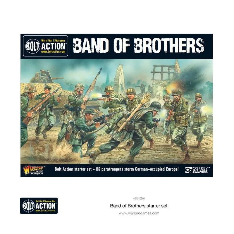 Bolt Action Band of Brothers - pudełko zestawu startowego z tyłu z kodem 401510001 i adresem www.warlordgames.com, napis Band of Brothers starter set na białym tle