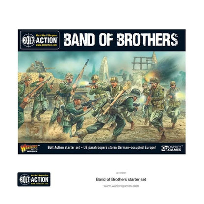 Bolt Action Band of Brothers - pudełko zestawu startowego z tyłu z kodem 401510001 i adresem www.warlordgames.com, napis Band of Brothers starter set na białym tle