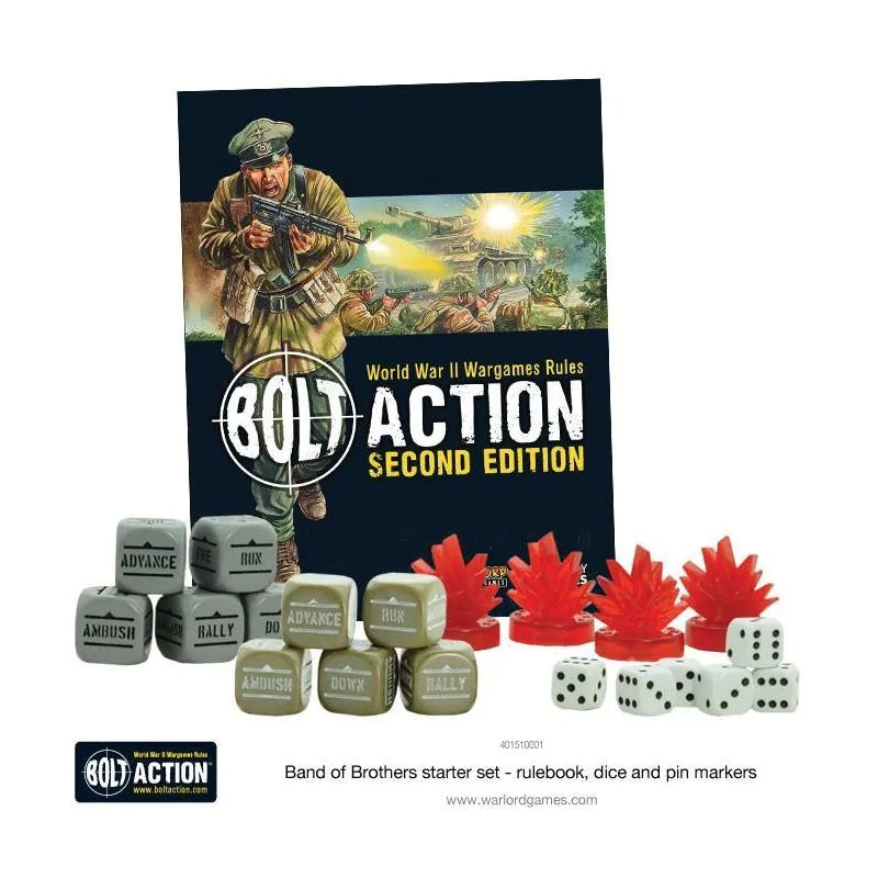 Bolt Action Band of Brothers - zawartość zestawu: książka zasad Bolt Action Second Edition z żołnierzem z MP40 na okładce, 12 szarych kości rozkazu z napisami Advance Run Ambush Rally Down, 6 oliwkowych kości rozkazu, 4 czerwone znaczniki pin w kształcie wybuchu i 5 białych kości sześciościennych na szarym tle