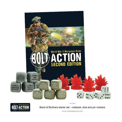 Bolt Action Band of Brothers - zawartość zestawu: książka zasad Bolt Action Second Edition z żołnierzem z MP40 na okładce, 12 szarych kości rozkazu z napisami Advance Run Ambush Rally Down, 6 oliwkowych kości rozkazu, 4 czerwone znaczniki pin w kształcie wybuchu i 5 białych kości sześciościennych na szarym tle
