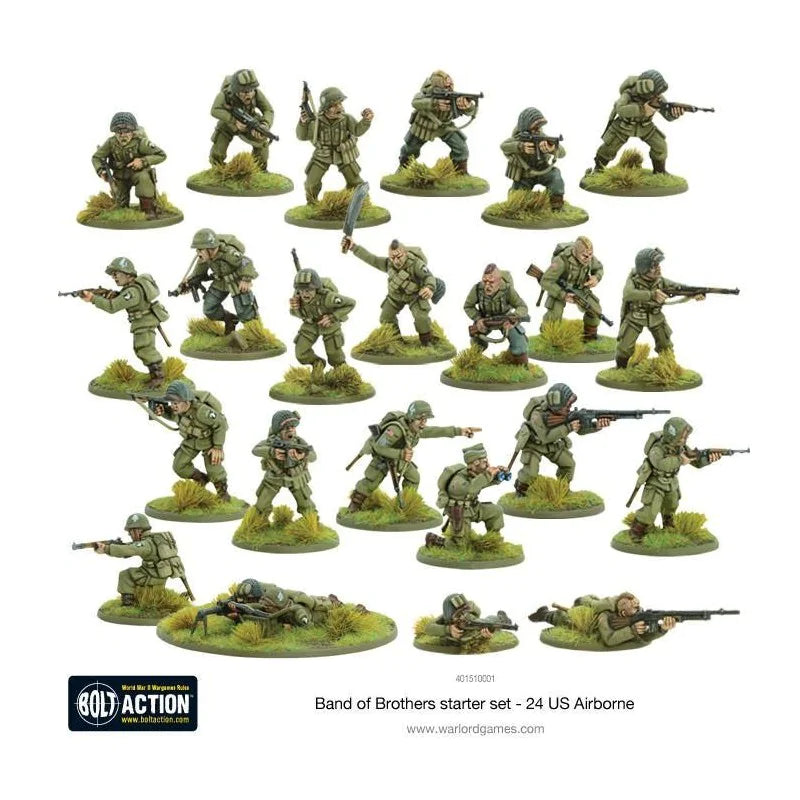 Bolt Action Band of Brothers starter set - 24 US Airborne - 24 pomalowane miniatury 28mm amerykańskich spadochroniarzy w oliwkowych mundurach i hełmach M1 w różnych pozach bojowych: strzelcy, snajperzy, żołnierze z BAR i Thompson, leżący i klęczący na zielonych podstawkach z trawą, logo Bolt Action, kod 401510001