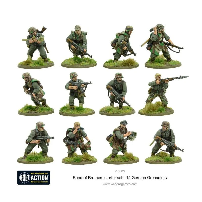 Bolt Action Band of Brothers starter set - 12 German Grenadiers - 12 pomalowanych miniatur 28mm niemieckich grenadierów w szaro-zielonych mundurach i hełmach Stahlhelm w różnych pozach bojowych: strzelcy z karabinami, żołnierze z MP40 i MG42, oficer z mapą na zielonych podstawkach z trawą, logo Bolt Action, kod 401510001