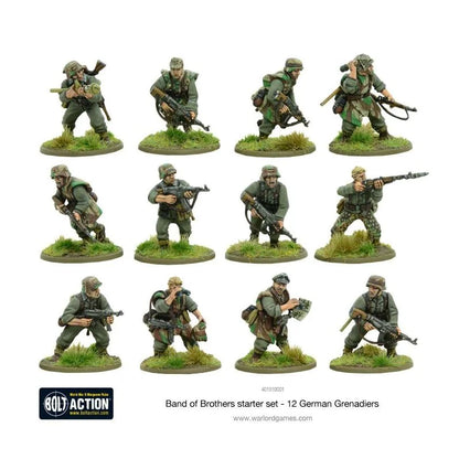 Bolt Action Band of Brothers starter set - 12 German Grenadiers - 12 pomalowanych miniatur 28mm niemieckich grenadierów w szaro-zielonych mundurach i hełmach Stahlhelm w różnych pozach bojowych: strzelcy z karabinami, żołnierze z MP40 i MG42, oficer z mapą na zielonych podstawkach z trawą, logo Bolt Action, kod 401510001
