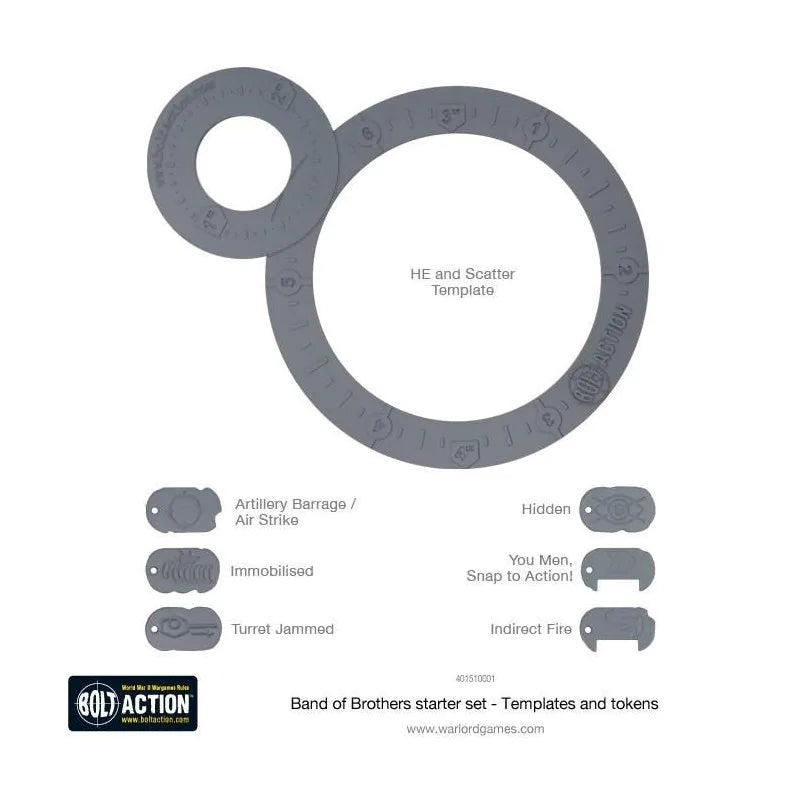 Bolt Action Band of Brothers starter set - Templates and tokens - szare plastikowe szablony i żetony: duży okrągły szablon HE and Scatter Template z mniejszym szablonem (góra), 6 szarych żetonów statusu: Artillery Barrage/Air Strike, Hidden, Immobilised, You Men Snap to Action, Turret Jammed, Indirect Fire, logo Bolt Action, kod 401510001