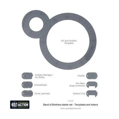 Bolt Action Band of Brothers starter set - Templates and tokens - szare plastikowe szablony i żetony: duży okrągły szablon HE and Scatter Template z mniejszym szablonem (góra), 6 szarych żetonów statusu: Artillery Barrage/Air Strike, Hidden, Immobilised, You Men Snap to Action, Turret Jammed, Indirect Fire, logo Bolt Action, kod 401510001