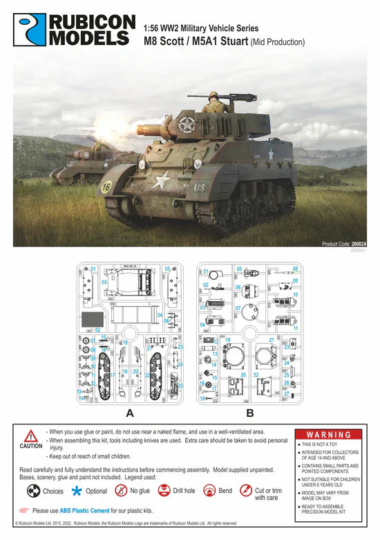 M8 Scott M5A1 Stuart VI Rubicon Models – okładka instrukcji i sprues A B, 280024