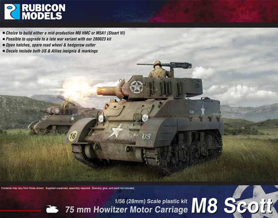 M8 Scott 75mm HMC Rubicon Models – pudełko, model 28mm z haubicą 75mm i figurką załogi, 280024