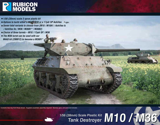 Rubicon Models M10 M36 Niszczyciel Czołgów – ilustracja na pudełku, pojazd na drodze z figurką załogi 28mm Bolt Action