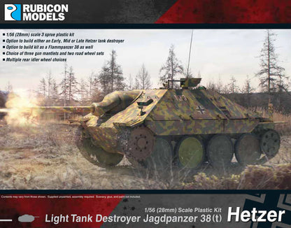 Rubicon Models Jagdpanzer 38(t) Hetzer – ilustracja na pudełku, niszczyciel czołgów w akcji z kamuflażem 28mm Bolt Action