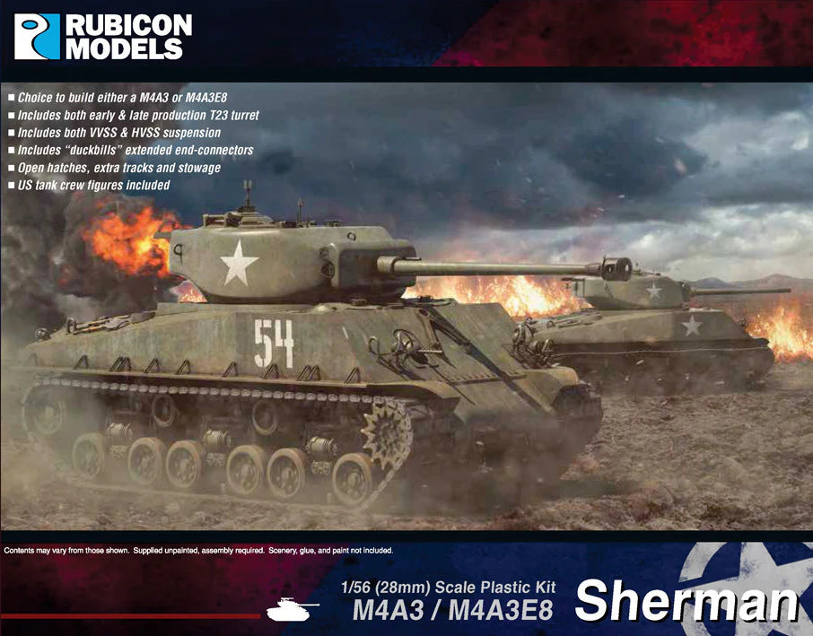 Rubicon Models M4A3 M4A3E8 Sherman – ilustracja na pudełku, dwa czołgi w akcji bojowej 28mm Bolt Action