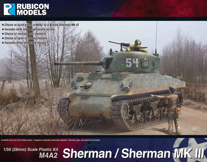 Rubicon Models M4A2 Sherman Mk III – pomalowany model z figurką załogi na drodze 28mm Bolt Action