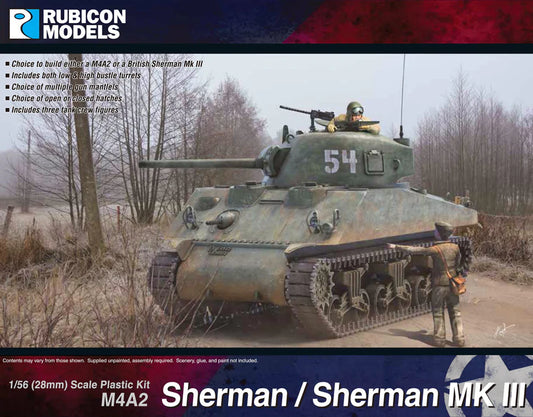 Rubicon Models M4A2 Sherman Mk III – pomalowany model z figurką załogi na drodze 28mm Bolt Action