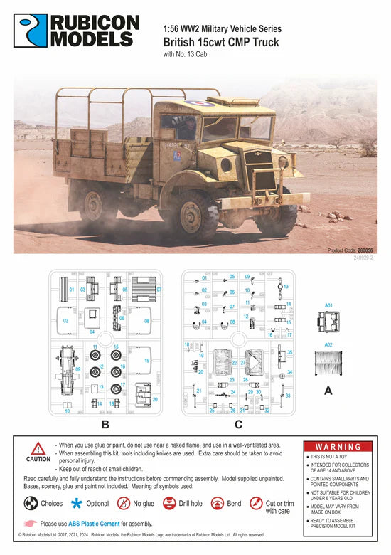 British CMP 15cwt Truck – okładka instrukcji Rubicon Models, wypraski B C, Product Code 280056