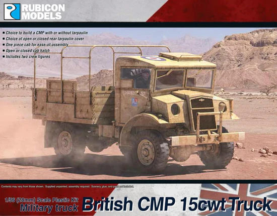 British CMP 15cwt Truck – okładka pudełka Rubicon Models 1:56, model piaskowy H48221 w pustyni, 280056