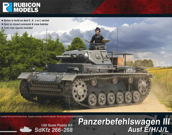Panzerbefehlswagen III Ausf E H J L – okładka pudełka Rubicon Models, model 28mm na drodze, 280093