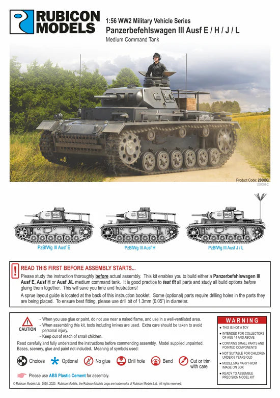 Panzerbefehlswagen III Ausf E H J L – okładka instrukcji Rubicon Models, 3 warianty, Product Code 280093