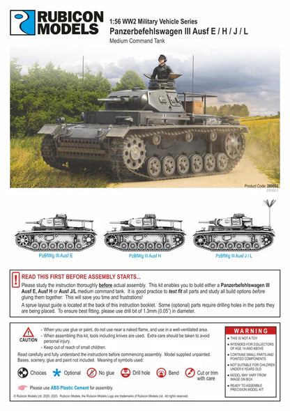 Panzerbefehlswagen III Ausf E H J L – okładka instrukcji Rubicon Models, 3 warianty, Product Code 280093