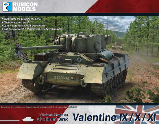 Valentine IX X XI – okładka pudełka Rubicon Models 1:56, model oliwkowy T123662 RH w lesie, 280098