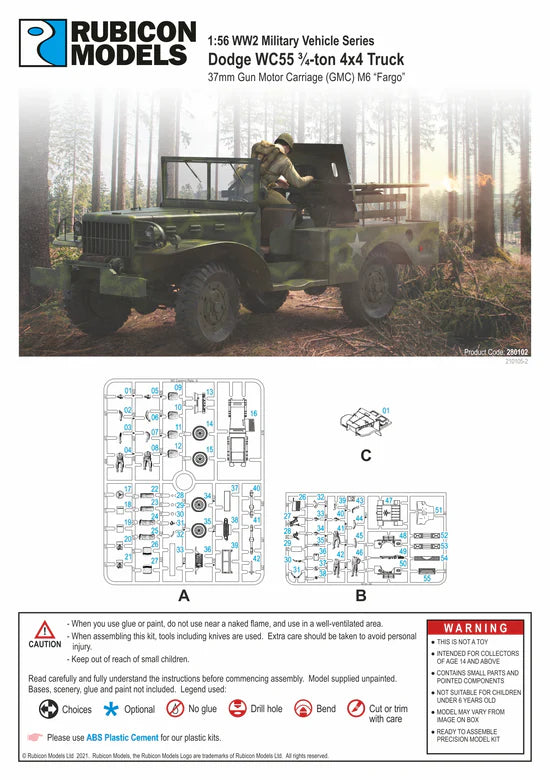 Dodge WC55 M6 Fargo GMC – okładka pudełka i sprues A B C, Rubicon Models 280102