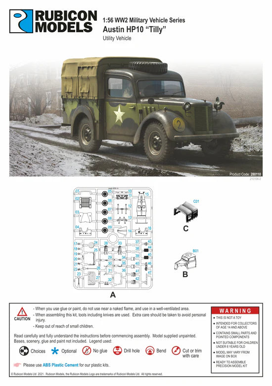 Austin Tilly HP10 – okładka instrukcji Rubicon Models, wypraski A B C, Product Code 280110