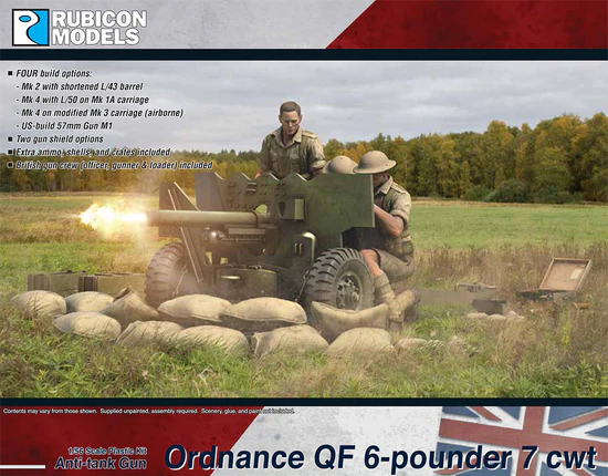 Ordnance QF 6-Pounder 7cwt – okładka pudełka Rubicon Models 1:56, załoga brytyjska przy działonie, 280139
