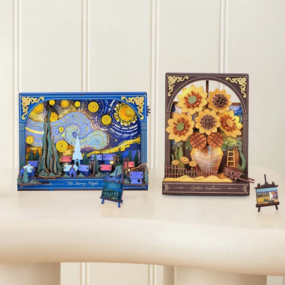 Gwiaździsta Noc The Starry Night Rowood TH003 – gotowy model na tacy obok palety malarskiej, ciepłe światło LED oświetla scenę Van Gogha