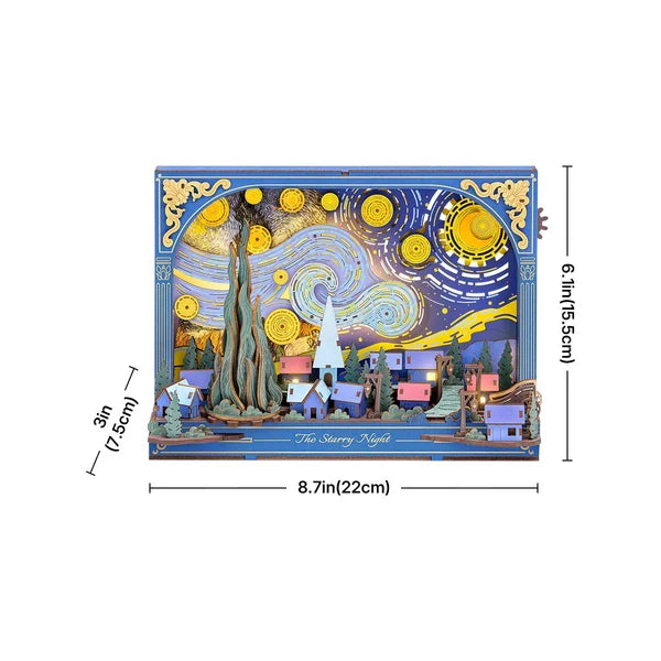 Gwiaździsta Noc The Starry Night Rowood TH003 – gotowy model z włączonym LED na drewnianym stole, głęboki błękit i złote gwiazdy Van Gogha