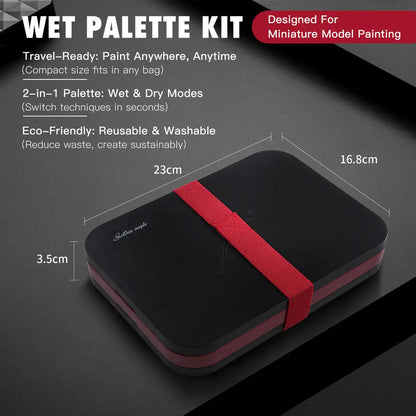 2 in 1 Wet Palette Kit Golden Maple – schemat wymiarów zamkniętego zestawu: 23cm × 16,8cm × 3,5cm, czarna taca z czerwoną gumką spinającą na ciemnym tle; cechy: Travel-Ready (kompaktowy rozmiar), 2-in-1 Wet & Dry Modes, Eco-Friendly (wielokrotnego użytku i zmywalny)
