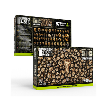 Battlefield Creature Skulls 1:48-1:35 – pudełko Green Stuff World z przodu i tyłu, 300+ czaszek stworzeń, 57 modeli, skala 1:48-1:35, EAN 8435646522449