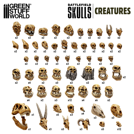 Green Stuff World Battlefield Creature Skulls – arkusz zawartości zestawu: 57 różnych modeli czaszek stworzeń z ilościami (x1–x12), skala 1:48-1:35, żywica ABS