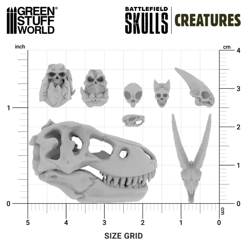 Battlefield Creature Skulls 1:48-1:35 – siatka rozmiarów: czaszka T-Rexa 4,5cm, czaszki demoniczne 3cm, małe czaszki zwierząt 0,5cm, porównanie z linijką calowo-metryczną