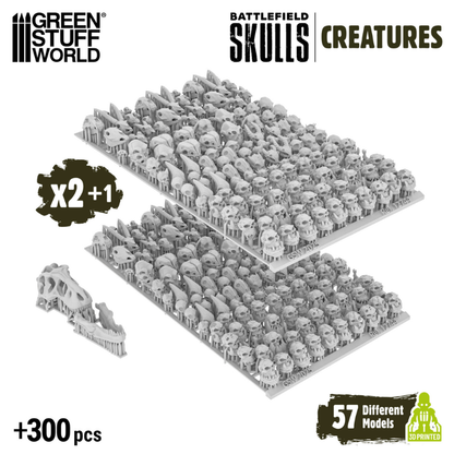 Battlefield Creature Skulls 1:48-1:35 – 2 arkusze druku 3D + 1 dodatkowy z czaszką T-Rexa, oznaczenie x2+1, 300+ sztuk, 57 różnych modeli, żywica szara