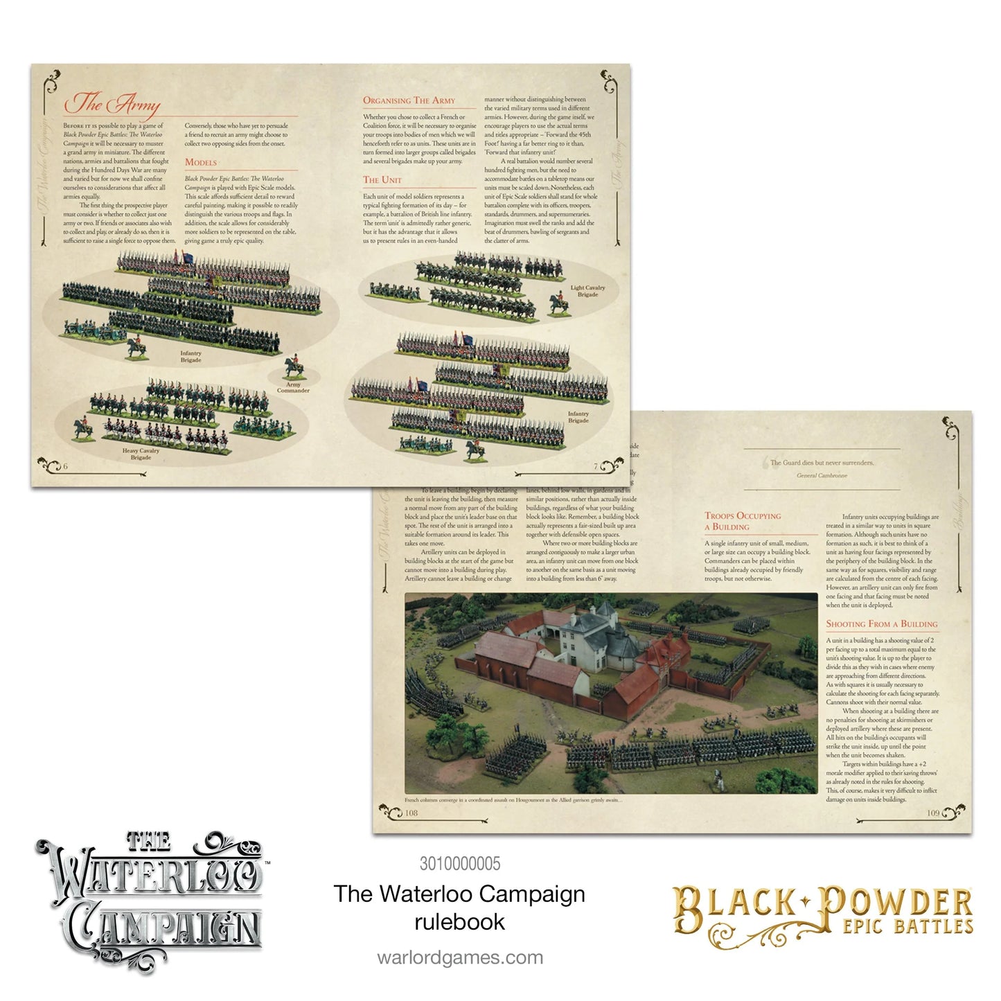Black Powder Epic Battles The Waterloo Campaign Rulebook - dwie rozkładki książki zasad: górna z rozdziałem The Army z opisem organizacji armii i zdjęciami brygad piechoty, kawalerii ciężkiej i dowódcy armii, dolna z rozdziałem o budynkach i zasadami Troops Occupying Buildings oraz Shooting From a Building ze zdjęciem figurek szturmujących budynek Hougoumont - Warlord Games 3010000005 - warlordgames.com
