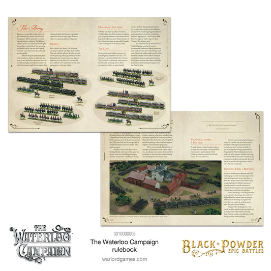 Black Powder Epic Battles The Waterloo Campaign Rulebook - dwie rozkładki książki zasad: górna z rozdziałem The Army z opisem organizacji armii i zdjęciami brygad piechoty, kawalerii ciężkiej i dowódcy armii, dolna z rozdziałem o budynkach i zasadami Troops Occupying Buildings oraz Shooting From a Building ze zdjęciem figurek szturmujących budynek Hougoumont - Warlord Games 3010000005 - warlordgames.com
