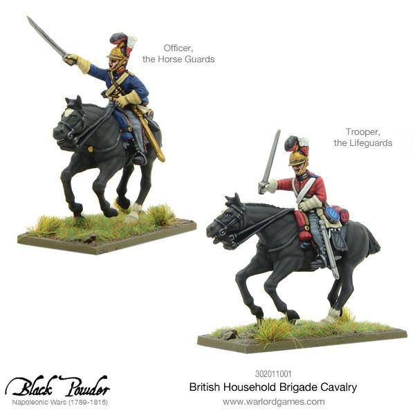British Household Brigade Cavalry – oficer Horse Guards w niebieskim mundurze i żołnierz Lifeguards w czerwonym mundurze, dwie pomalowane figurki 28mm Black Powder
