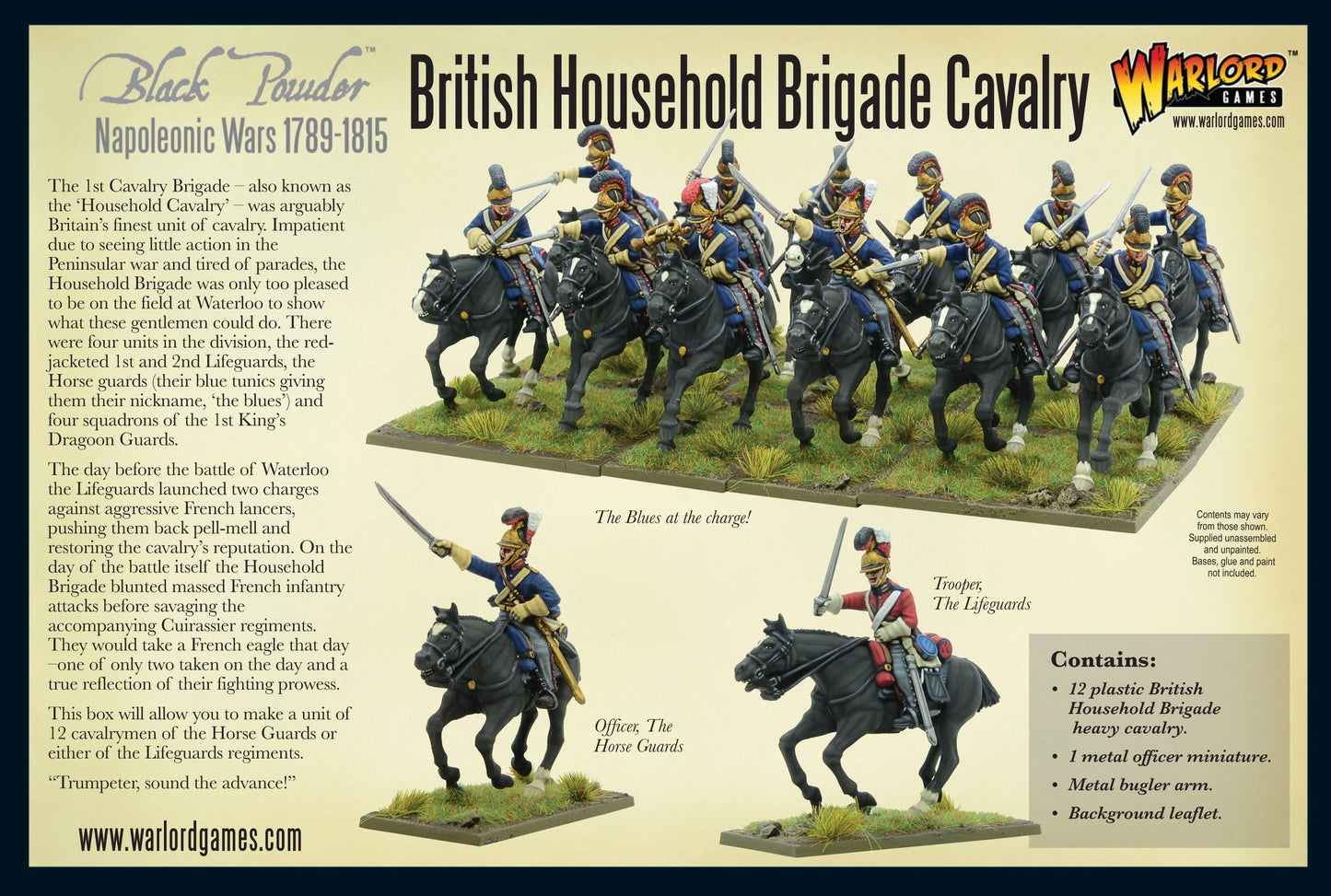 Tył pudełka British Household Brigade Cavalry – opis zestawu, zawartość i pomalowane figurki Horse Guards i Lifeguards, Warlord Games Black Powder 28mm
