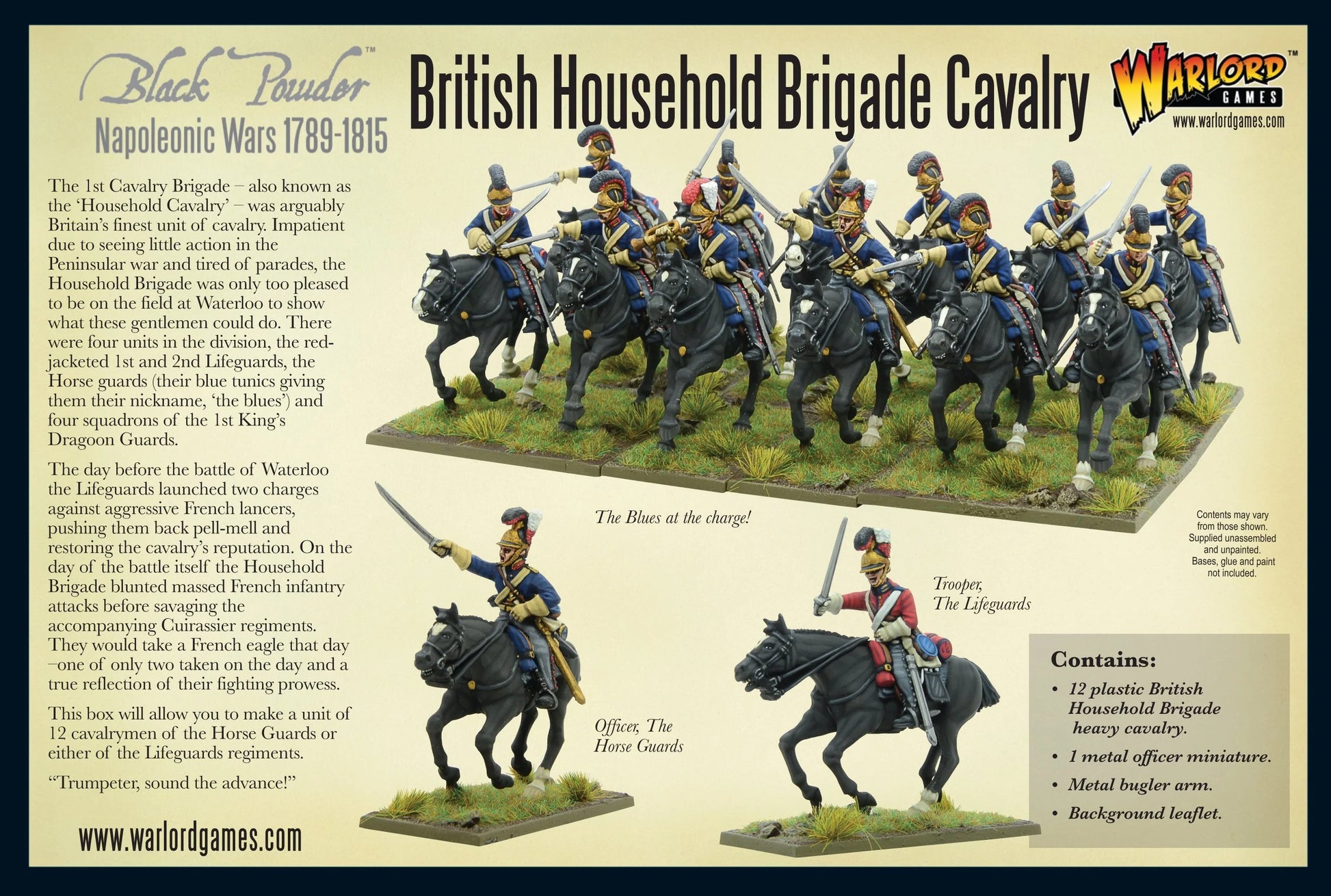 Tył pudełka British Household Brigade Cavalry – opis zestawu, zawartość i pomalowane figurki Horse Guards i Lifeguards, Warlord Games Black Powder 28mm
