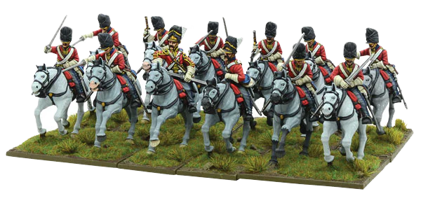 British Union Brigade Cavalry 302011002 – 12 pomalowanych figurek ciężkiej kawalerii brytyjskiej w czerwonych mundurach na siwych koniach, widok z boku, 28mm Black Powder
