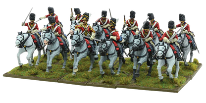 British Union Brigade Cavalry 302011002 – 12 pomalowanych figurek ciężkiej kawalerii brytyjskiej w czerwonych mundurach na siwych koniach, widok z boku, 28mm Black Powder
